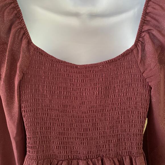 Allison & Kelly Poet Sleeve Sweetheart Neck Burgundy Gold Shimmer Mini Dress M - Picture 7 of 12